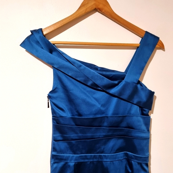 Cue Size 6 Teal Satin Cocktail Party Pencil Dress - Picture 5 of 7